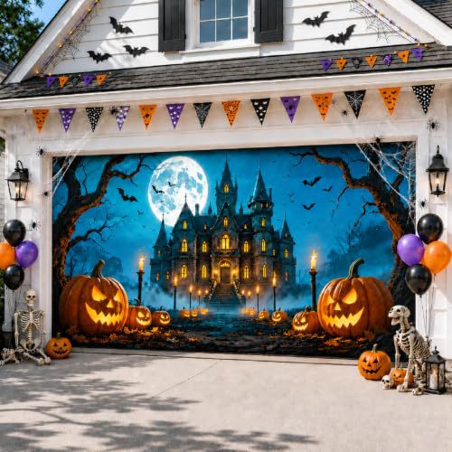 Großformatiger Halloween-Fotohintergrund aus wetterfestem Polyester mit geöstem Befestigungsrand und leuchtendem Haunted-House-Motiv