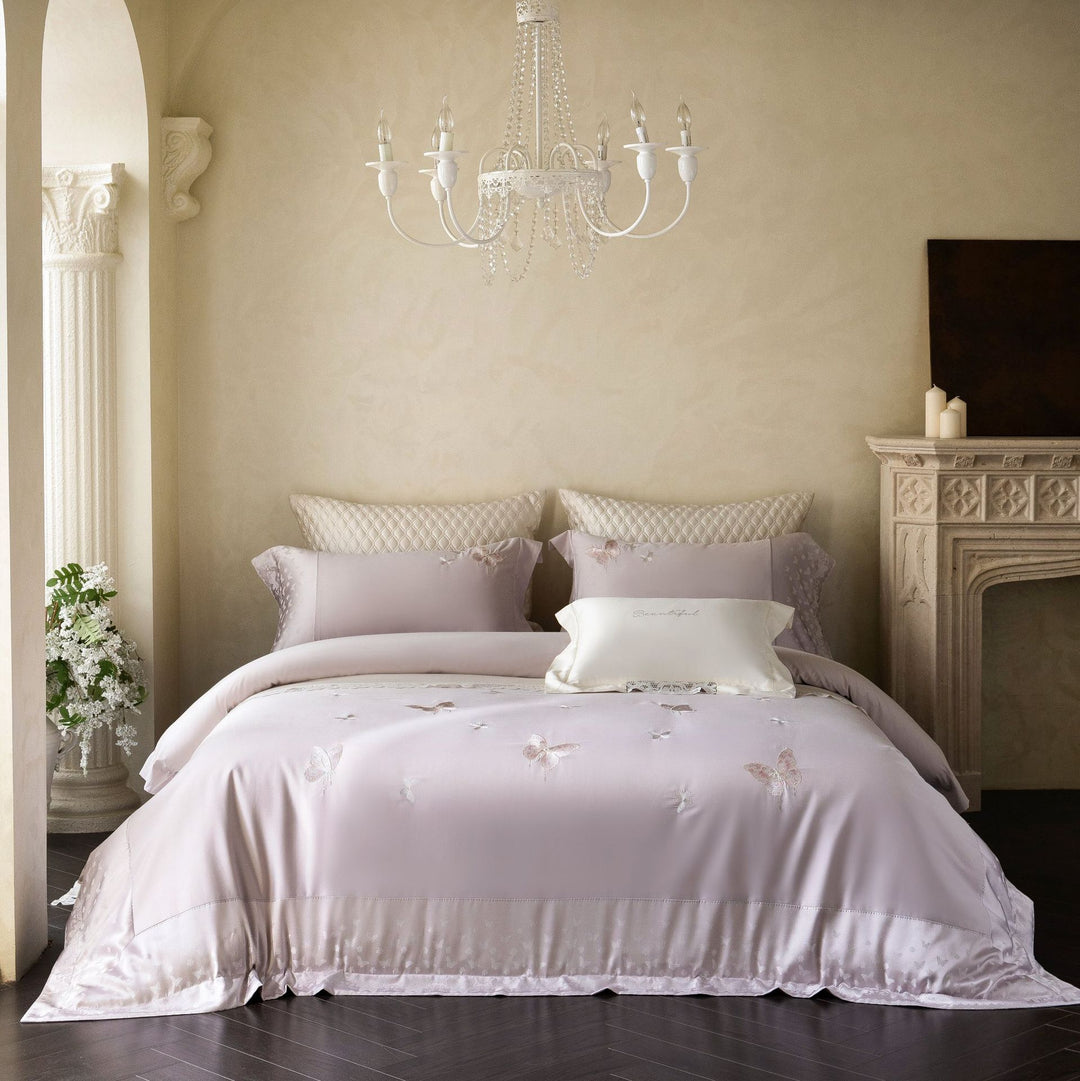 Luxuriöses Satin-Feel Besticktes Spitzenbesatz Bettwäsche Duvet Decken Set