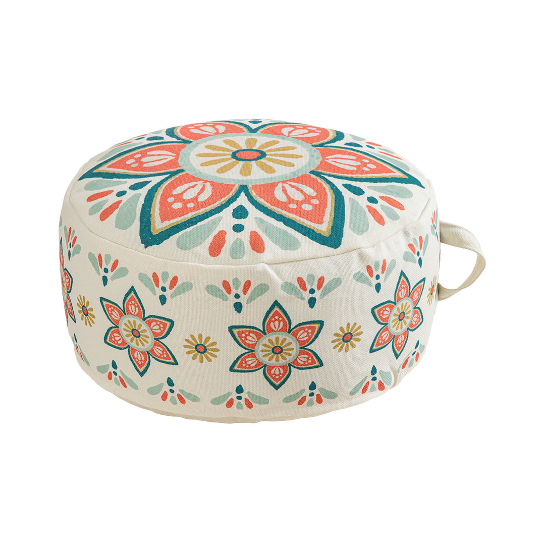 Rundes Sitzpouf mit gewebtem Baumwollbezug und ethnischem Mandala-Print Karnz