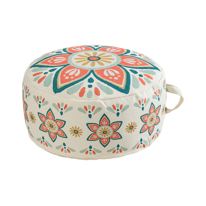 Rundes Sitzpouf mit gewebtem Baumwollbezug und ethnischem Mandala-Print Karnz