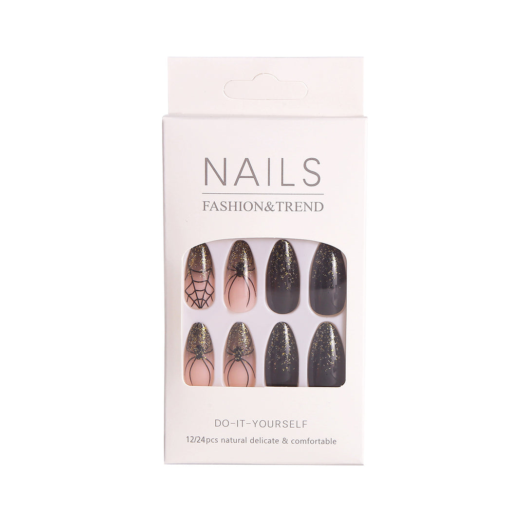 Künstlerisches Press-On Nagelset mit Glitzer und Spinnennetzdesign Karnz