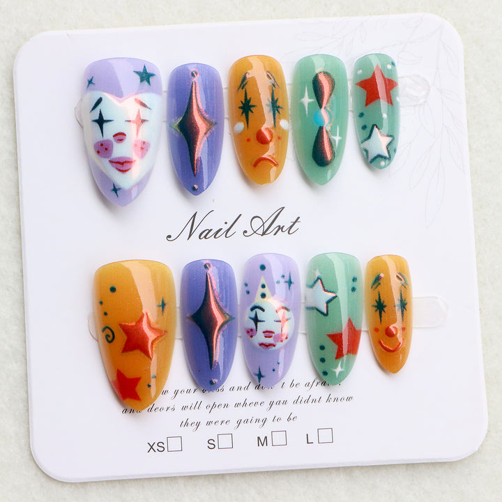 Verspieltes, vom Clown inspiriertes Press-On-Nagelkunst-Set Karnz