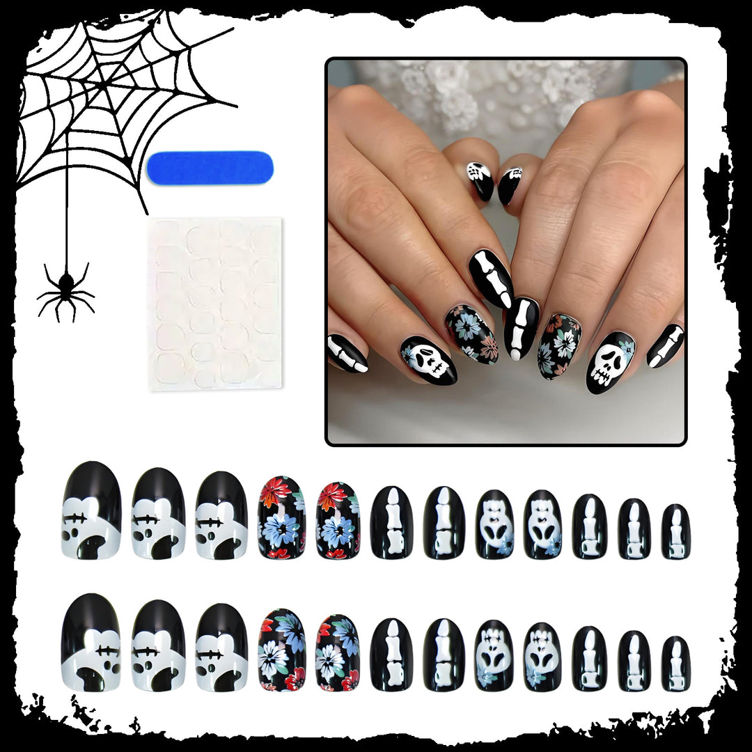 Kunstnagelset mit gruseligen Halloween-Motiven und floralen Verzierungen Karnz
