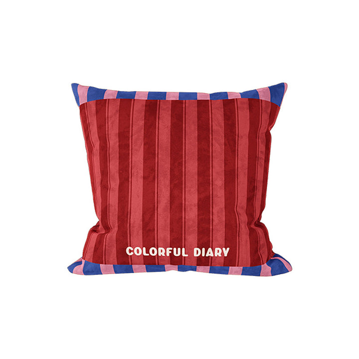 Striped Velvet Square Throw Pillow Cover with Contrast Border and Embroidered Slogan