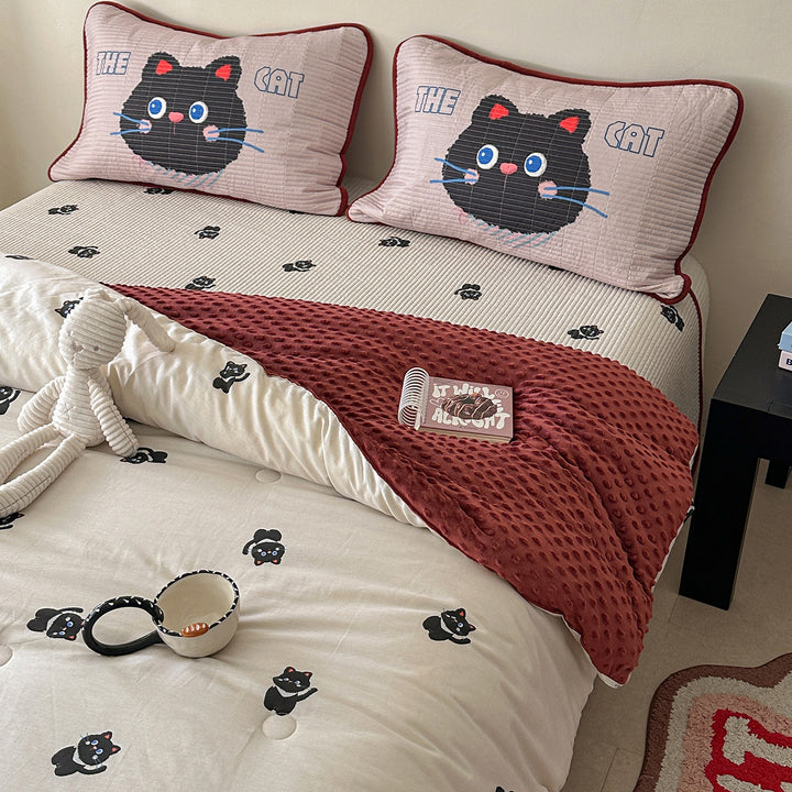 Kinderbett-Set mit gesteppter Kopfkissen-Garnitur, Matratzenauflage und Minky-Kuscheldecke