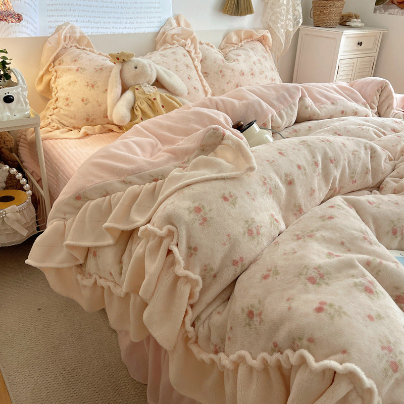 Rüsch-Plüsch Wendbare Bettwäsche Set mit Cartoon-Hase Druck und Flanell Kissenbezügen