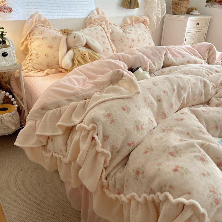 Rüsch-Plüsch Wendbare Bettwäsche Set mit Cartoon-Hase Druck und Flanell Kissenbezügen
