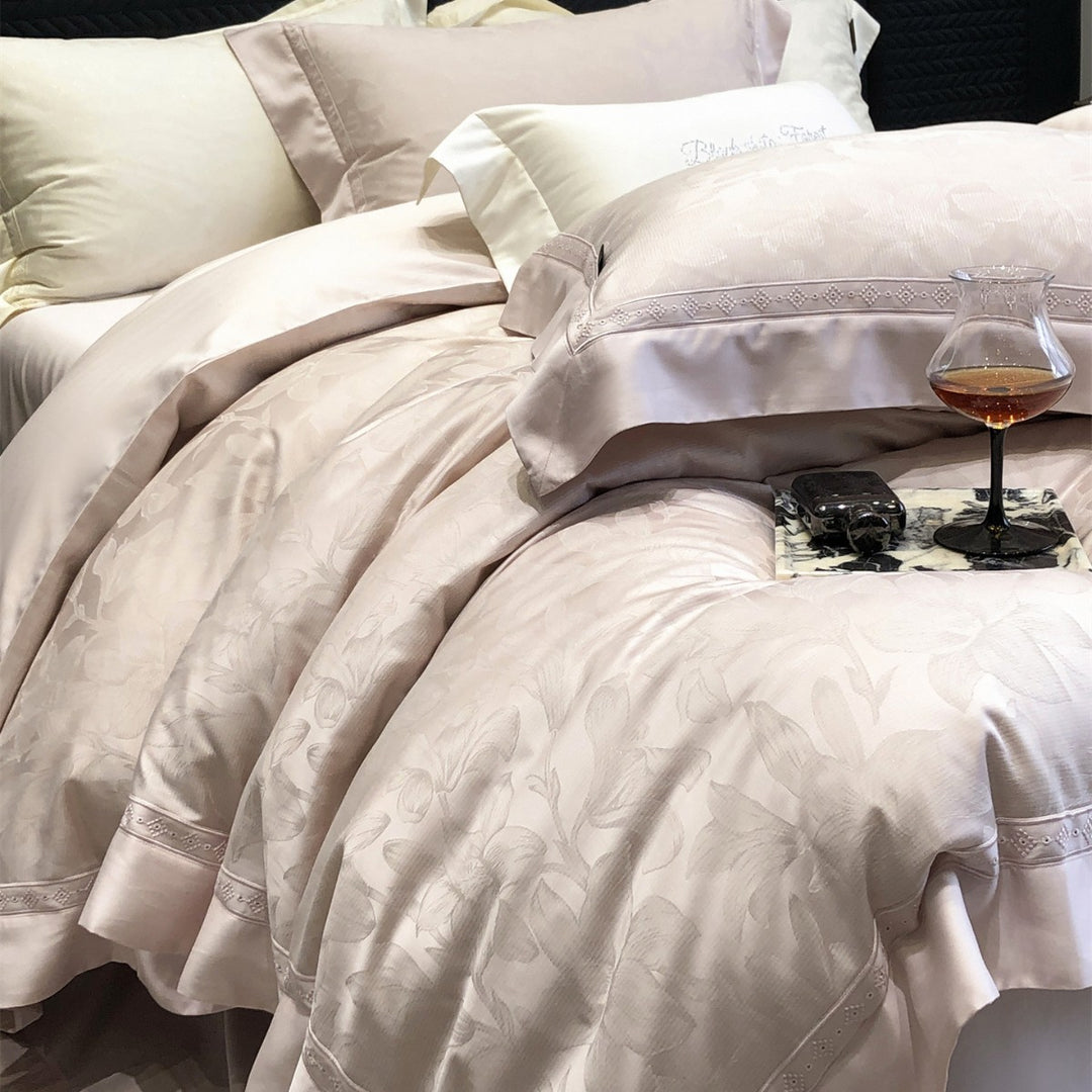 Premium Floral Jacquard Sateen Bettbezug Set mit besticktem Saum