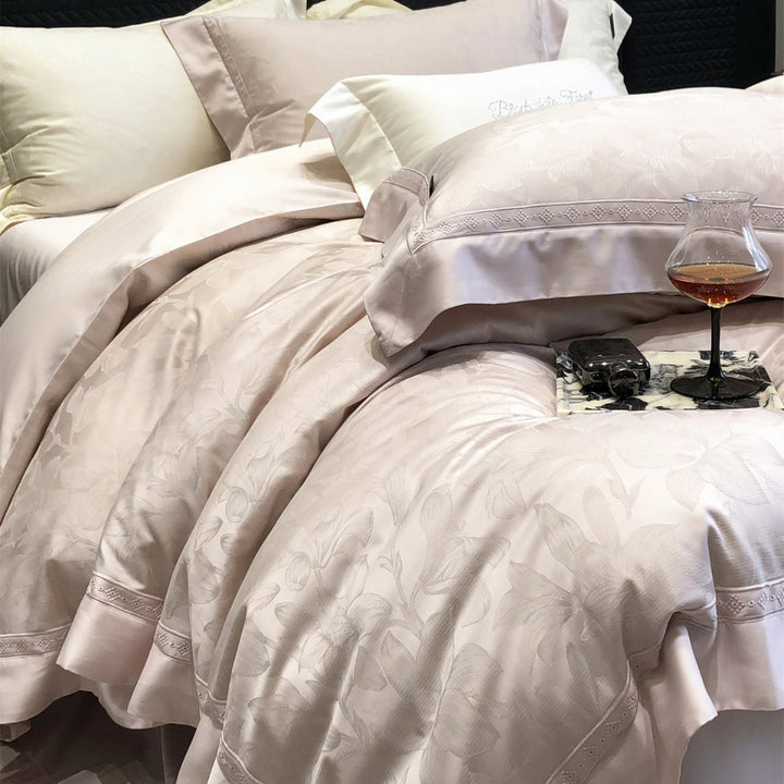 Premium Floral Jacquard Sateen Bettbezug Set mit besticktem Saum