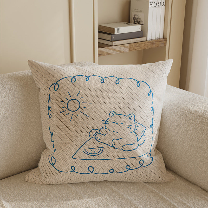 Square Cotton-Linen Decorative Throw Pillow Cover with Minimalist Reading Cat Line Art and Hidden Zipper