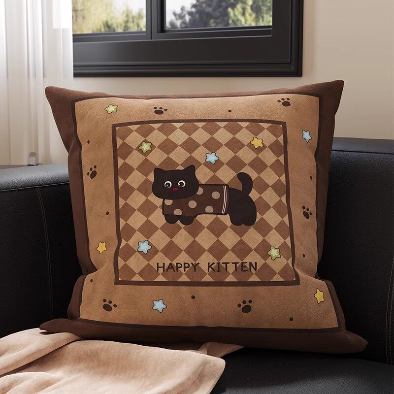 Plush Square Throw Pillow Cover with Happy Kitten Print and Hidden Zipper