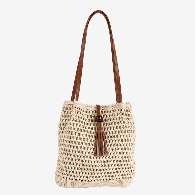 Damen Henkeltasche aus handgearbeitetem Makramee mit stylischem Lederriemen Karnz
