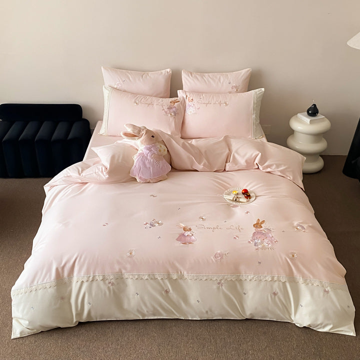Besticktes Bunny Baumwollsatin Bettbezug Set mit Spitzenverzierung Kissenbezügen
