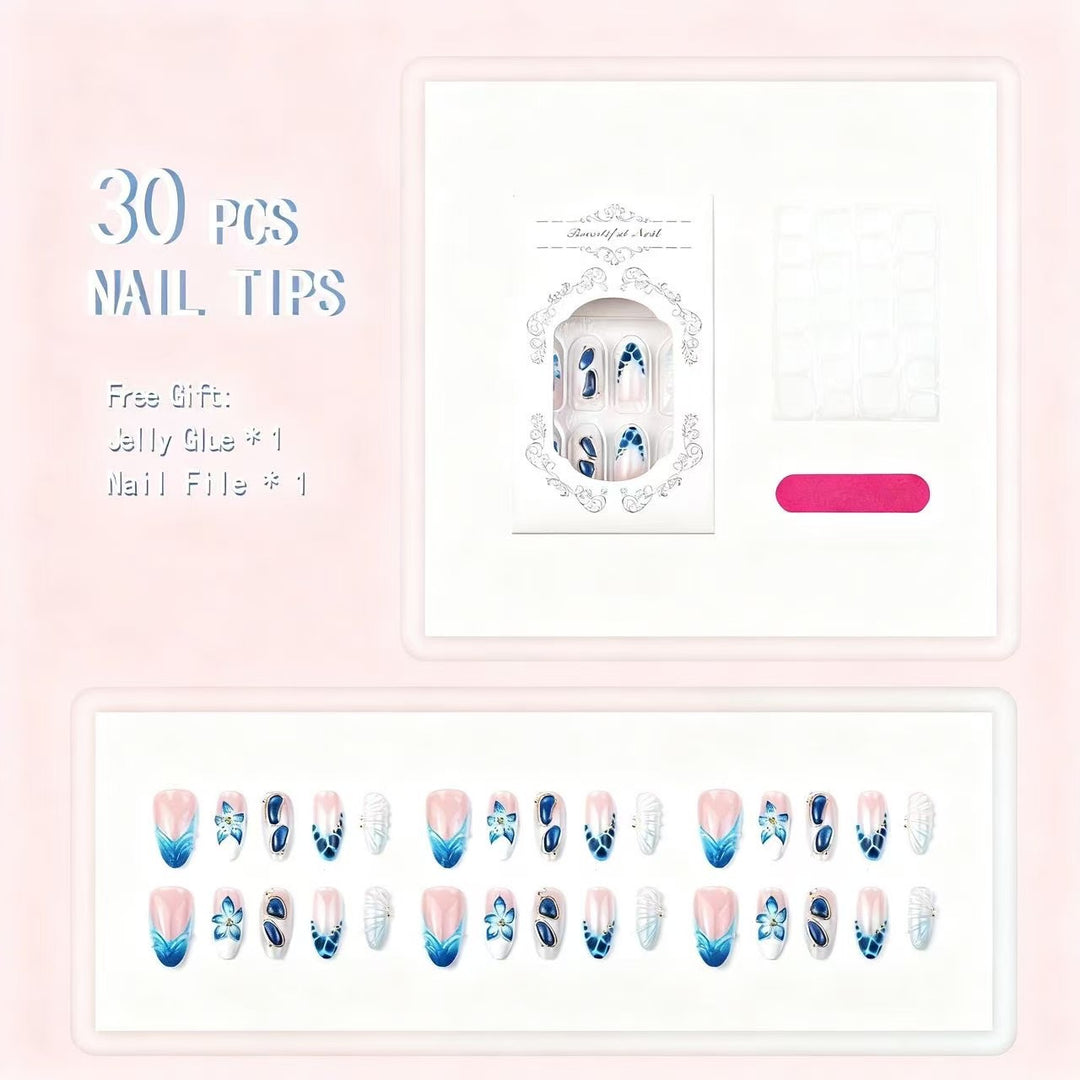 Künstlerisches Press-On Nagelspitzen-Set mit floralen und geometrischen Mustern Karnz