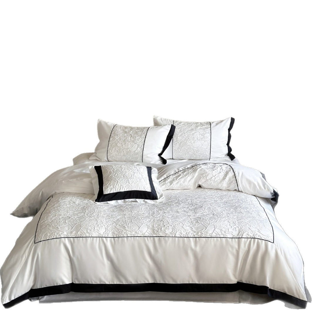 Cotton Sateen Textured-Panel Duvet Cover Set with Piped Border & Accent Cushion