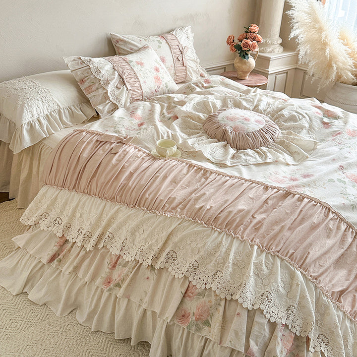 Vintage Floral Ruffled Spitzenbesatz Bettwäsche Set mit Dekorativem Rundkissen