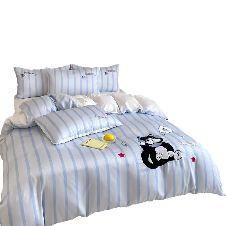 Gestreiftes Besticktes Satin Bettwäsche Set