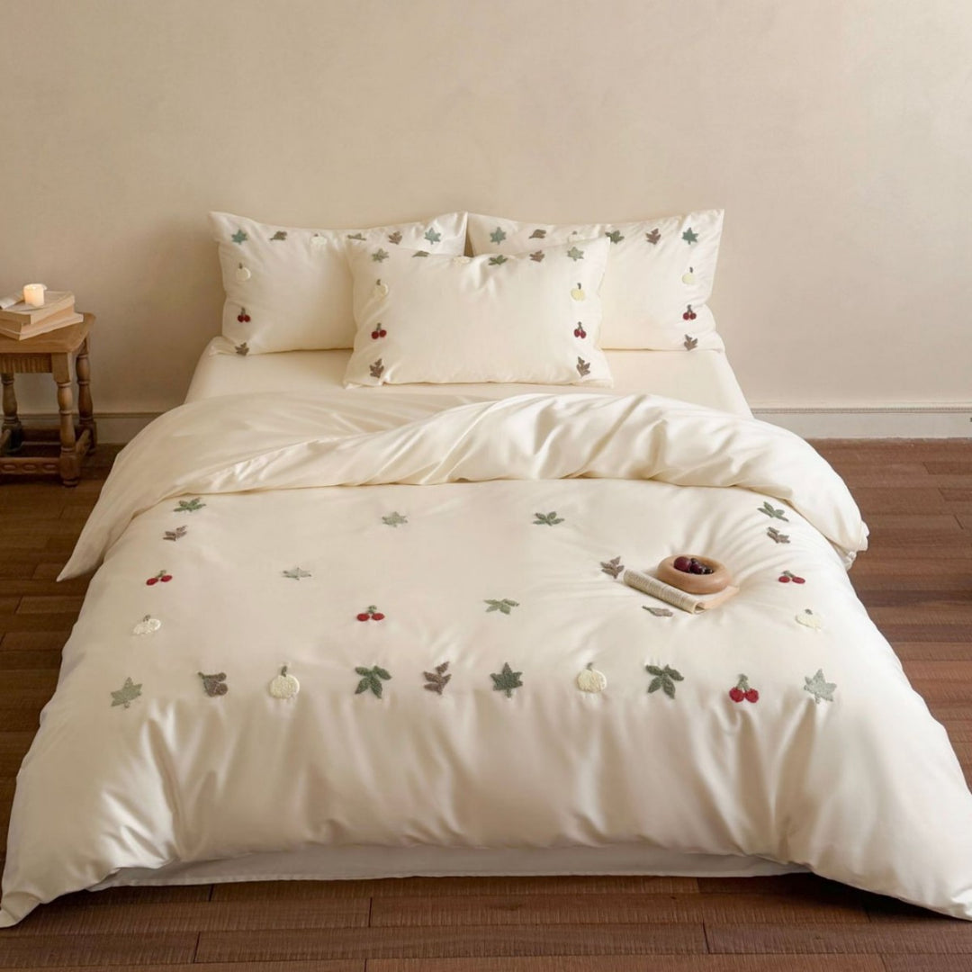 Bestickte botanische & Obst Baumwoll-Bettbezug-Sets mit verstreuten Applikationsmotiven