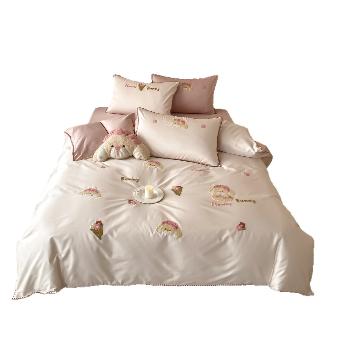 Bettwäsche-Set aus Baumwollsatin mit gestickten Katzen-Applikationen und Zierpaspel