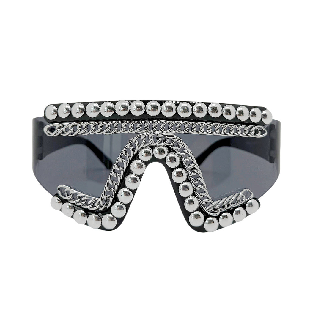 Damen Fashion-Sonnenbrille mit luxuriösem Kettenrahmen und schimmernden Akzenten Karnz