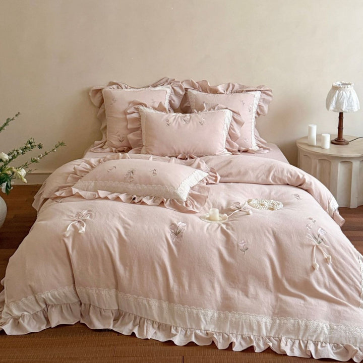 Embroidered Ruffle Cotton Duvet Cover Set