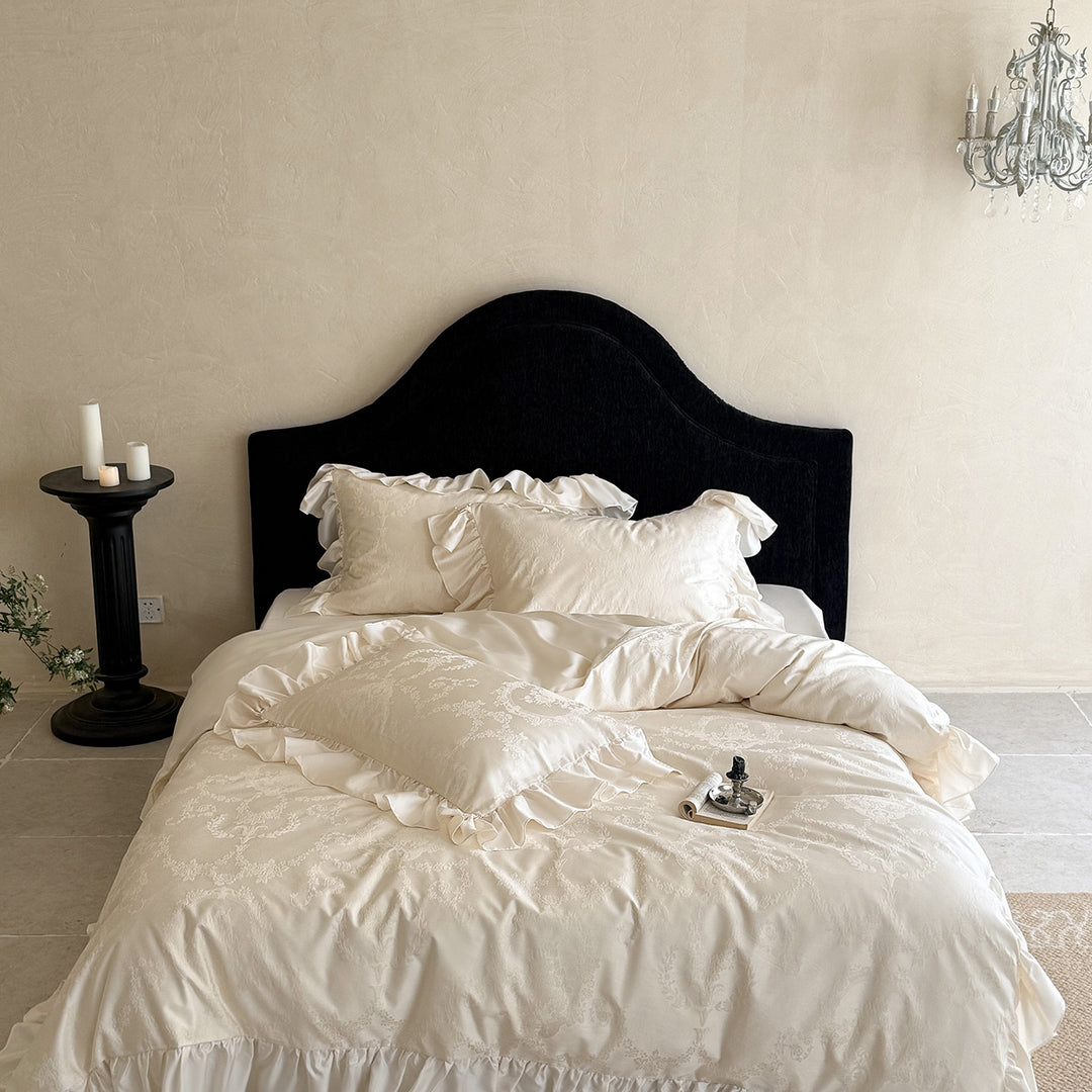 Embossed Damask Duvet Cover Set with Ruffle-Edge Shams and Reversible Sateen Lining
