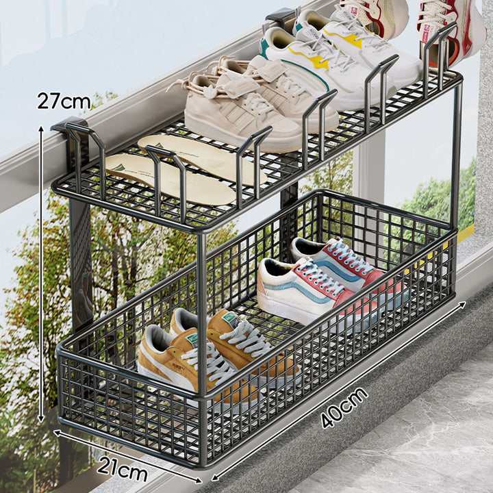 Über-Rail Balkon Schuh-Trocknungs- und Aufbewahrungskorb mit geteilten Mesh-Fächern
