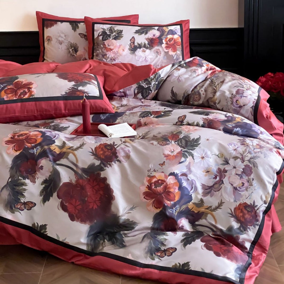 Luxuriöses Satin-Textur Blumen Bettbezug Set mit kontrastierender Bordüre und passenden Kissenbezügen