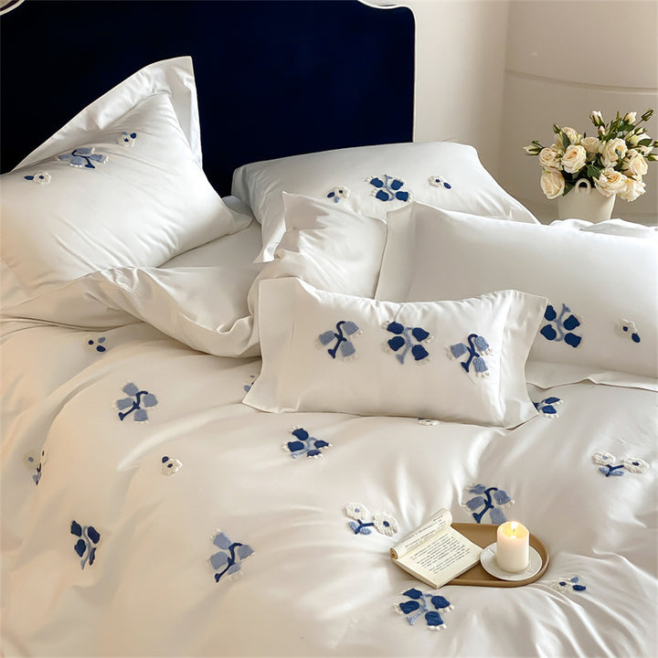 Bestickte florale Applikation Satin Bettbezug Set mit verdecktem Verschluss und Eckbindern
