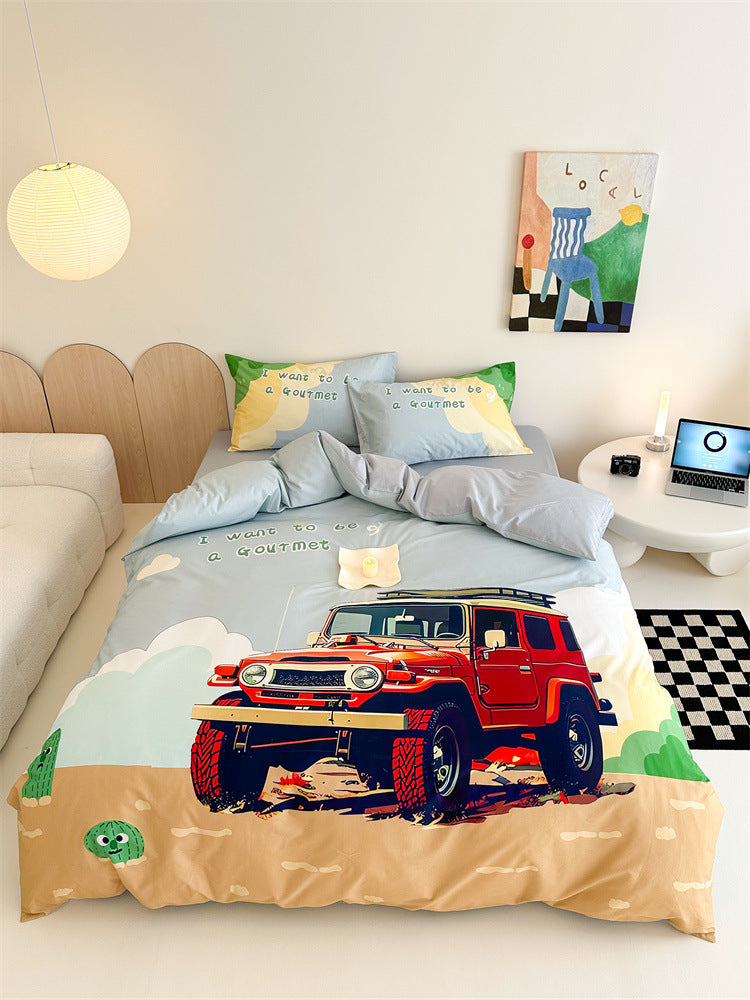 Kinder-Bettwäschegarnitur mit Offroad-Jeep Abenteuerillustration und weichem Baumwollmix