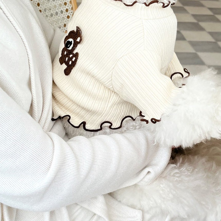 Rippstrick Baumwolle Haustier Pullover Sweater mit Rehstickerei & Rüschensaum