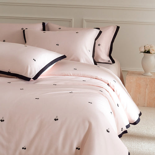 Bestickte Kirsche Baumwoll-Satin Bettbezug Set mit Kontrast Paspelrand