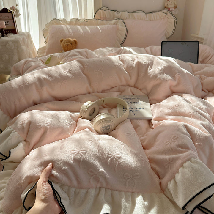 Plush Jacquard Quilted Duvet Comforter with Ruffle Trim and Contrast Piping