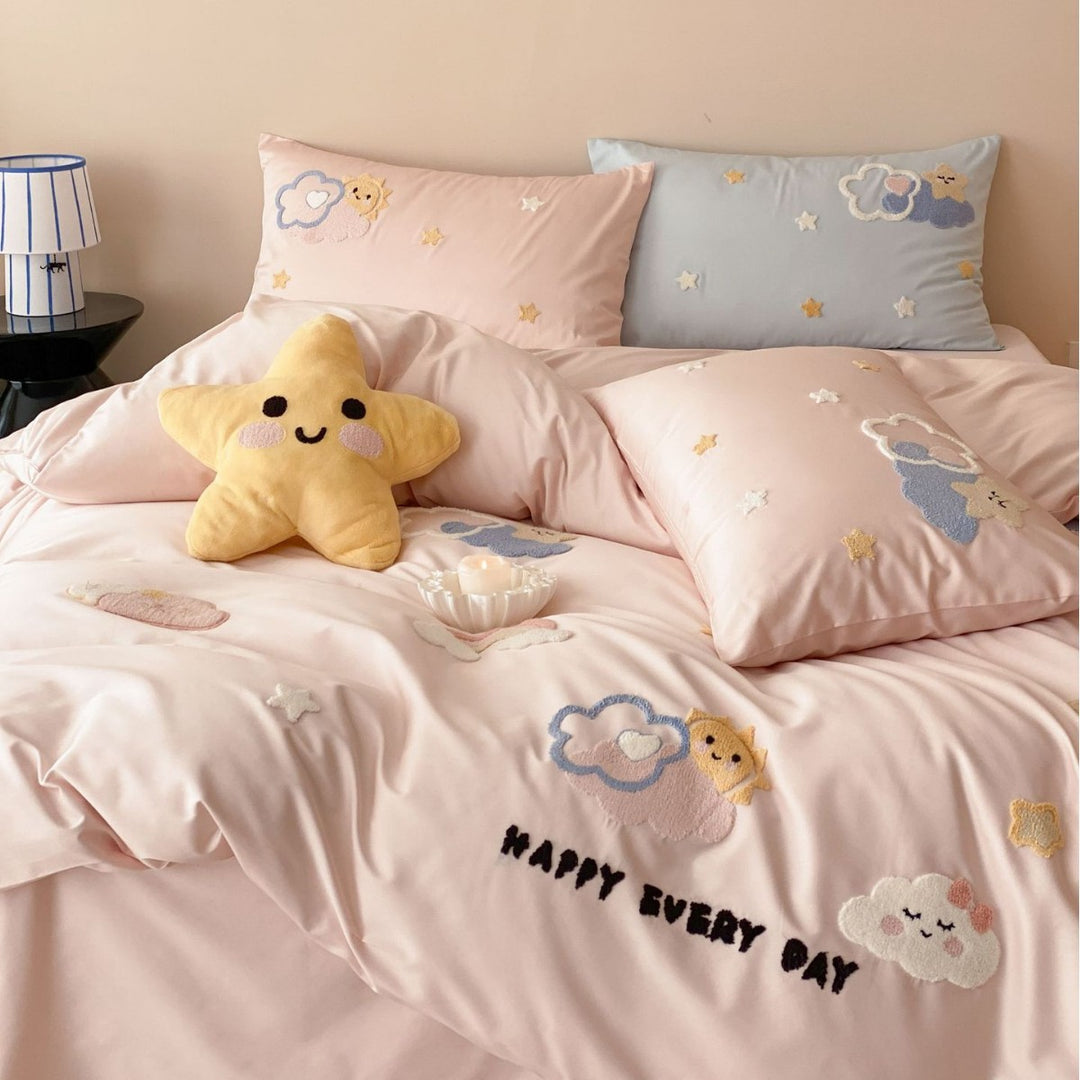 Kinder Cloud Bestickte Bettbezug-Bettwäsche Set mit Plüsch Stern Kissen und Satin-Feeling Mikrofaser