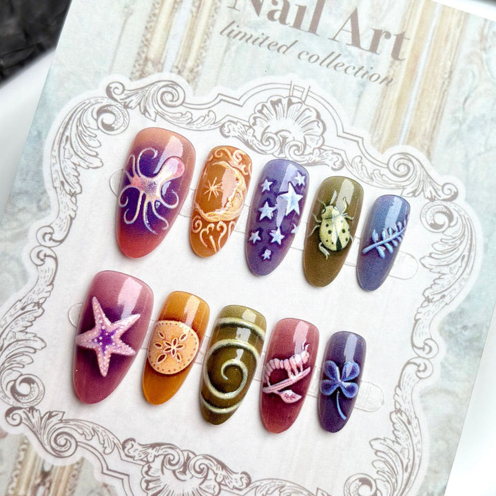 Künstlerisches Press-On Nagelkunst Set mit ozeanischen Themen