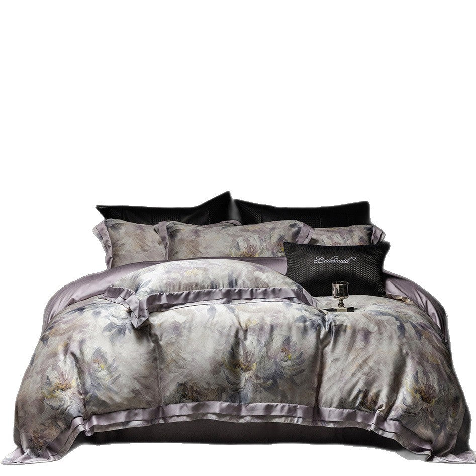 Luxuriöses Satin-Bettwäsche-Set mit floraler Aquarelloptik und Satinbordüre