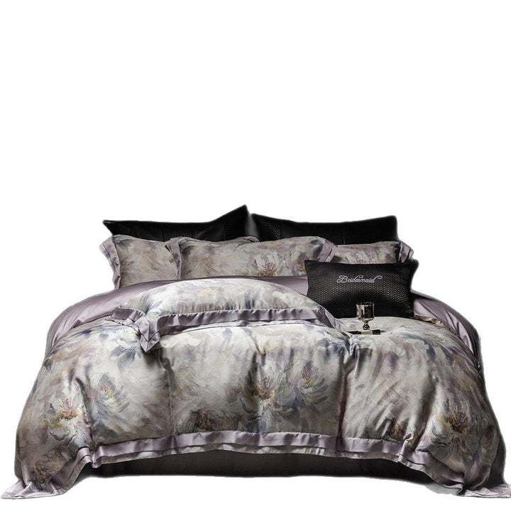 Luxuriöses Satin-Bettwäsche-Set mit floraler Aquarelloptik und Satinbordüre