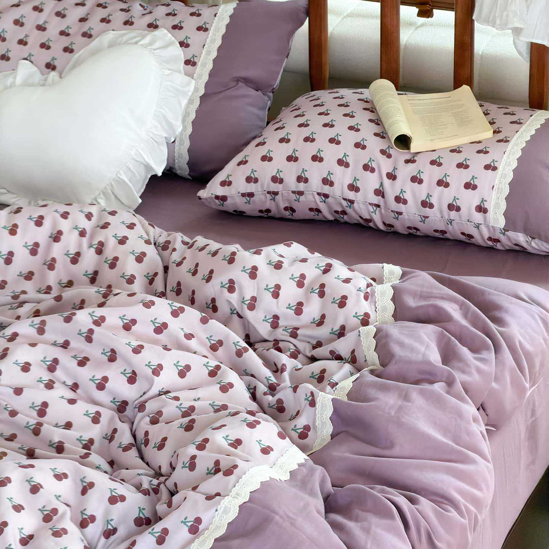 Wendbares Baumwoll-Bettwäscheset mit floralem Aquarellprint und Spitzenrand