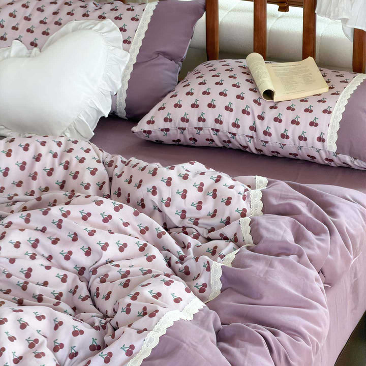 Wendbares Baumwoll-Bettwäscheset mit floralem Aquarellprint und Spitzenrand