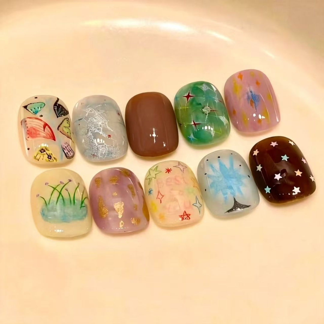 Künstlerisches katzenmotiviertes Press-On-Nagelkunstset Karnz