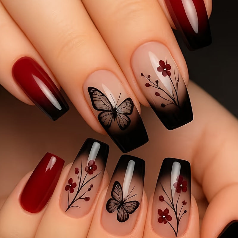 Kunstfingernägel mit Butterfly- und Blumenmotiven Karnz