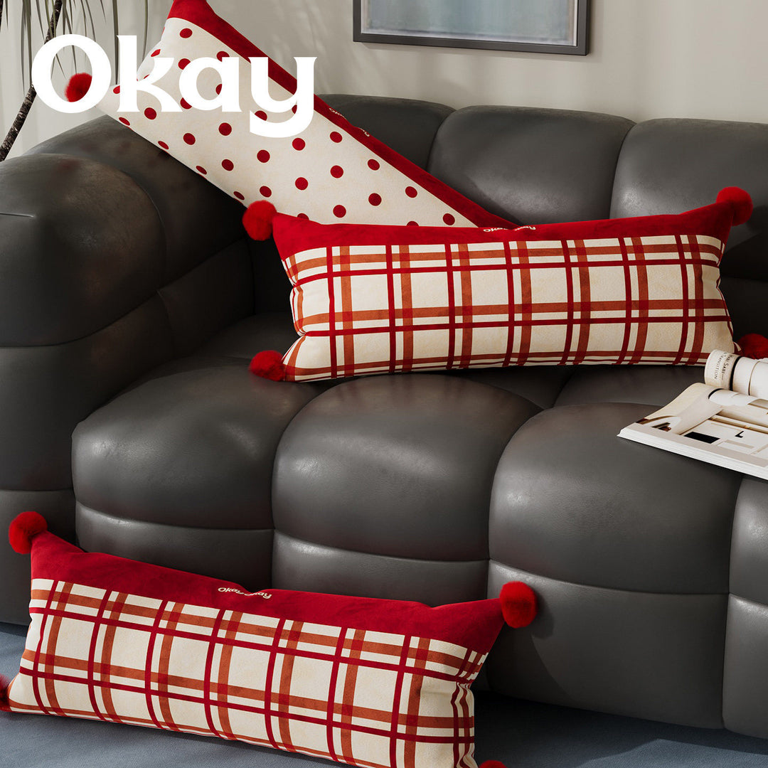 Decorative Long Lumbar Cushion Cover with Striped and Polka Dot Print and Corner Pom-Poms