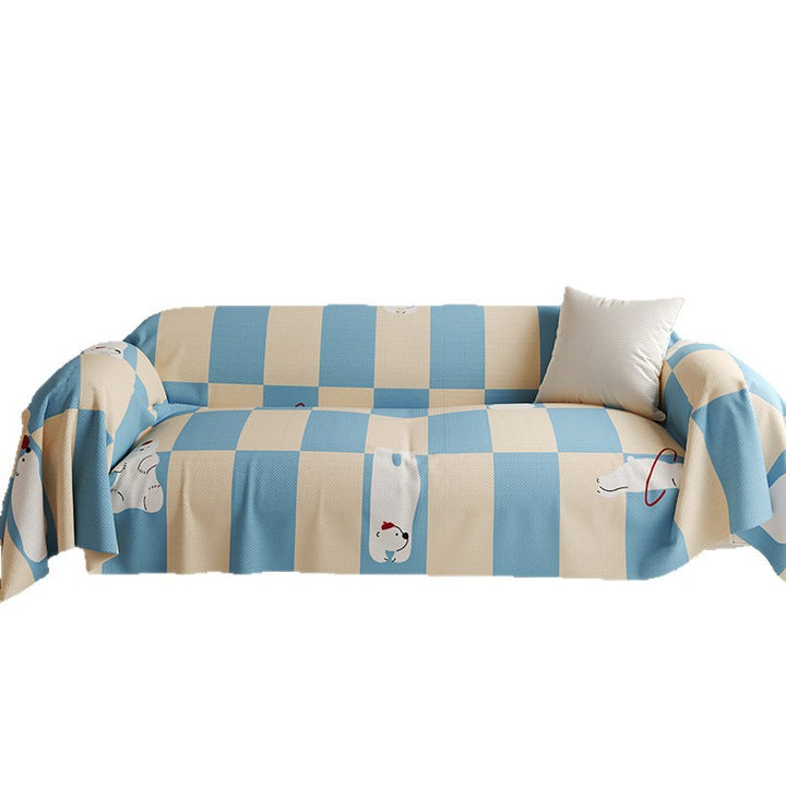 Stretch-Fit Checkerboard Sofa Slipcover with Cute Cat Illustration