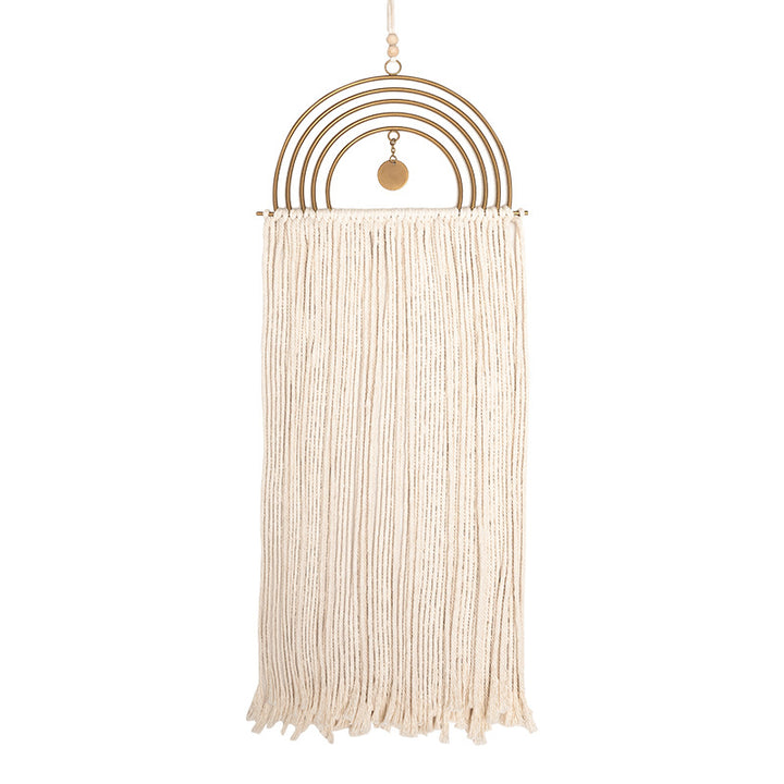 Boho-Makramee-Wandbehang mit Halbkreis-Metallrahmen und langen Fransen Karnz