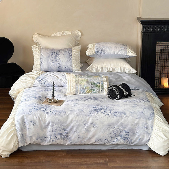 Luxuriöses Satin-Bettwäsche-Set mit Rüschen und Aquarellblumenmuster