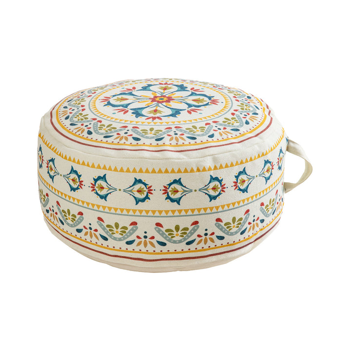 Rundes Sitzpouf mit gewebtem Baumwollbezug und ethnischem Mandala-Print Karnz