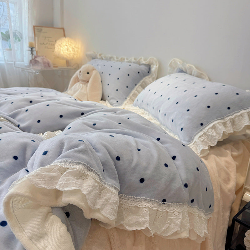 Vintage Cottage Polka-Dot Rüschenspitze Bettdeckenbezug & Kissenbezug Ensemble