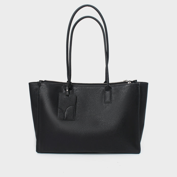 Glattes veganes Leder strukturiert Top-Zip Tote mit doppelten gerollten Griffen und Gepäckanhänger