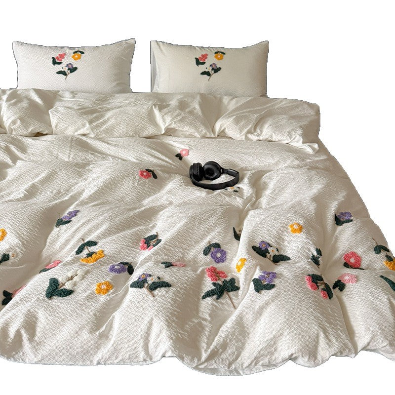 Texturiert Gesticktes Floral Bettbezug-Set mit Tufted Applikation