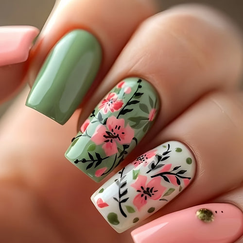 Botanische Blumen Press-On Nagelkunst Karnz